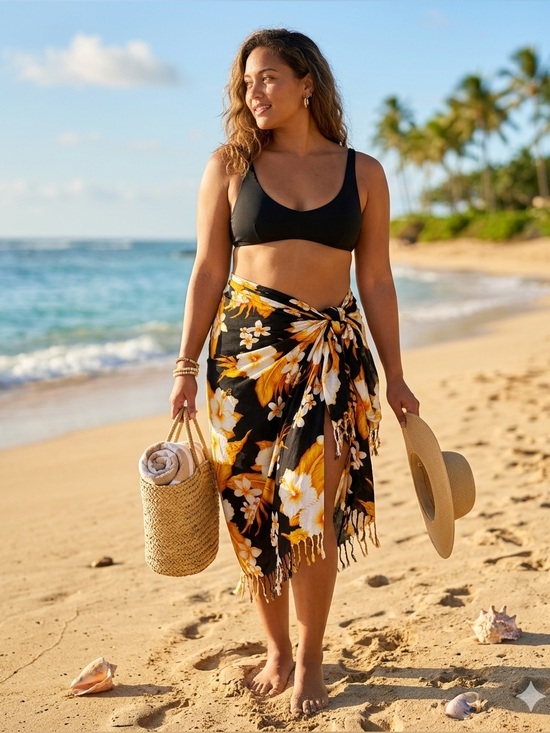 Other - Vintage Hawaii Floral Sarong Beach Cover Up Wrap Black Yellow White Fringe